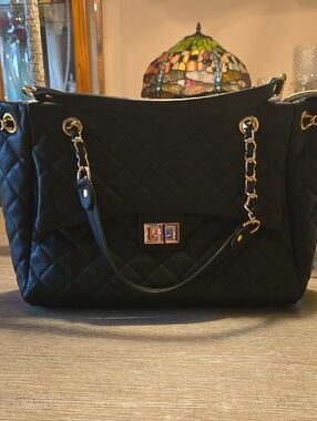 Ello Black Quilted Chain-Handle Tote Bag